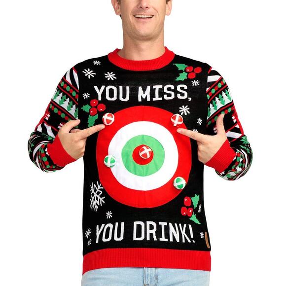 Tipsy Elves Men’s Drinking Game Ugly Christmas Sweater Size M Red Black Pullover - Picture 1 of 9